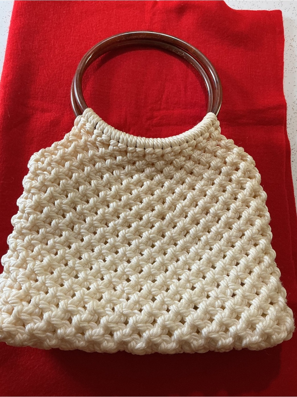 Handcrafted Vintage 70’s ? Cream Macrame Crochet Shoulder Bag with resin Handles